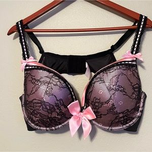 Lane Bryant CACIQUE Bra 44B Lace Bows Fun Sexy Plunge Pink Black.